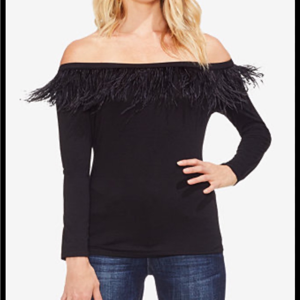 Vince Camuto Black Off-The-Shoulder Ostrich Feather Trim Long Sleeves Fitted Top